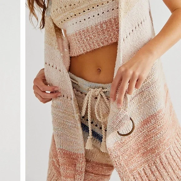FREE PEOPLE SOUTHWEST SWEATER SET COTTON CROCHET KNIT IN SUNSET COMBO SIZE L - Picture 2 of 16
